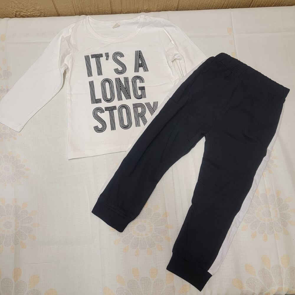 Boys sz 5-6 (110cm) Sweats Outfit "It's A Long Story" Black & White